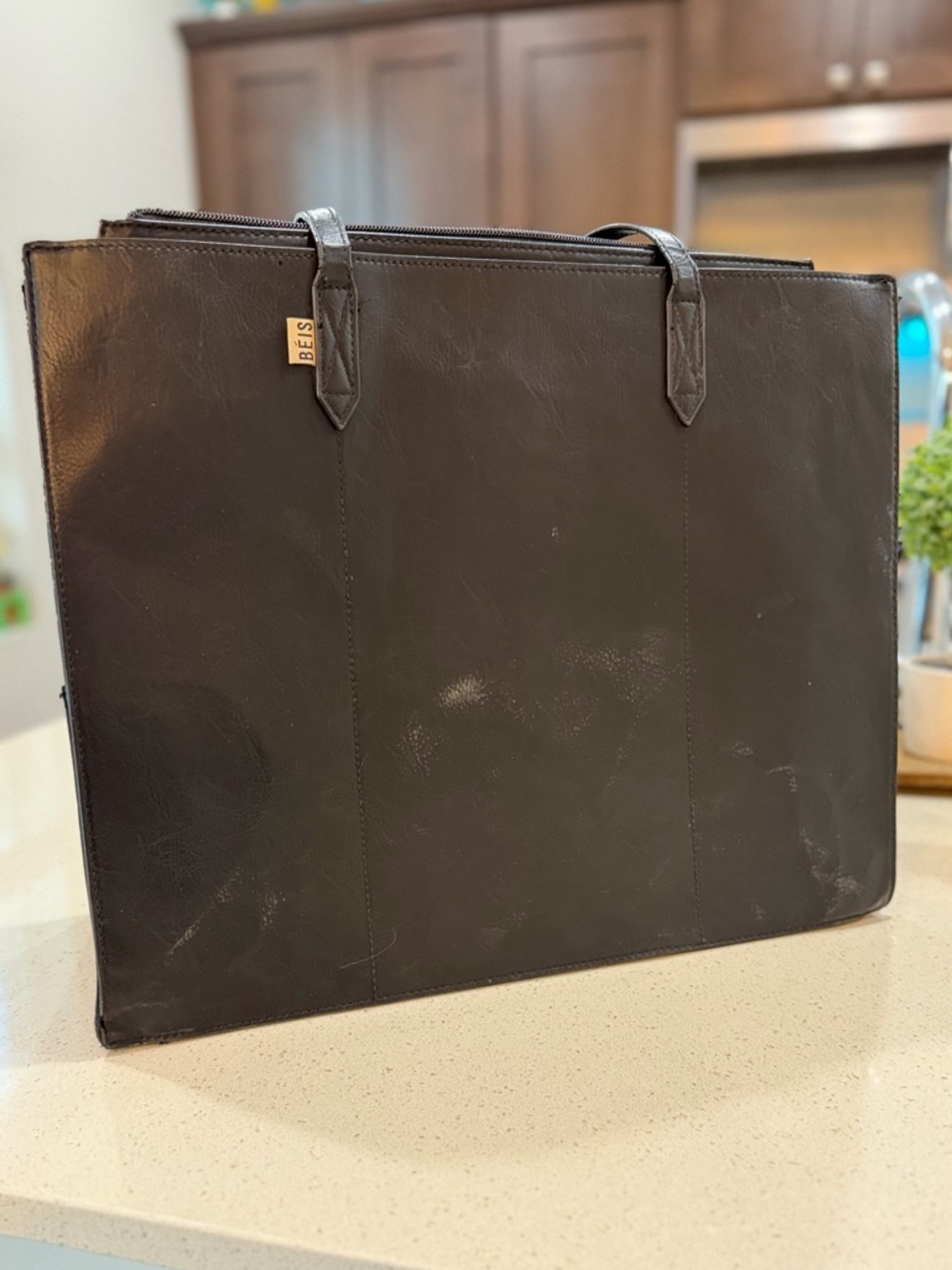 BÉIS Large Work Tote Black Vegan Leather Laptop Bag Travel w/ Organizer Insert - Picture 5 of 9